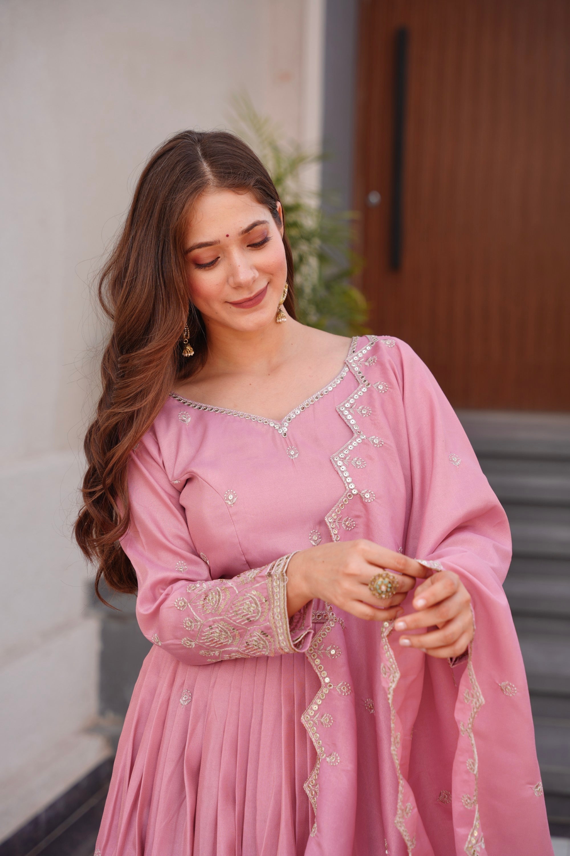 Lorenvalley Fashion Pink Shimmer Silk with Embroidery Sequins Work Anarkali Gown with Dupatta