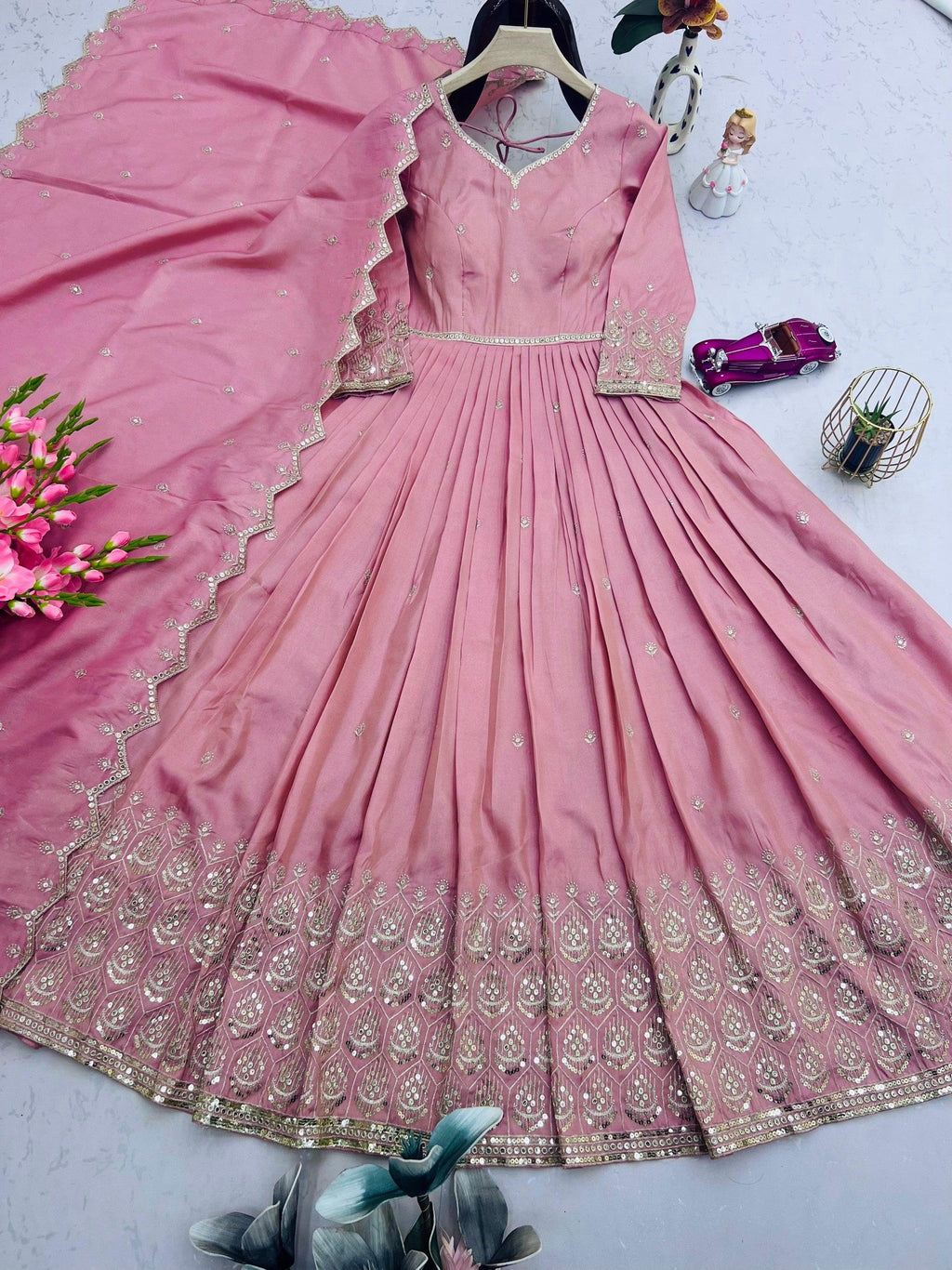 Lorenvalley Fashion Pink Shimmer Silk with Embroidery Sequins Work Anarkali Gown with Dupatta