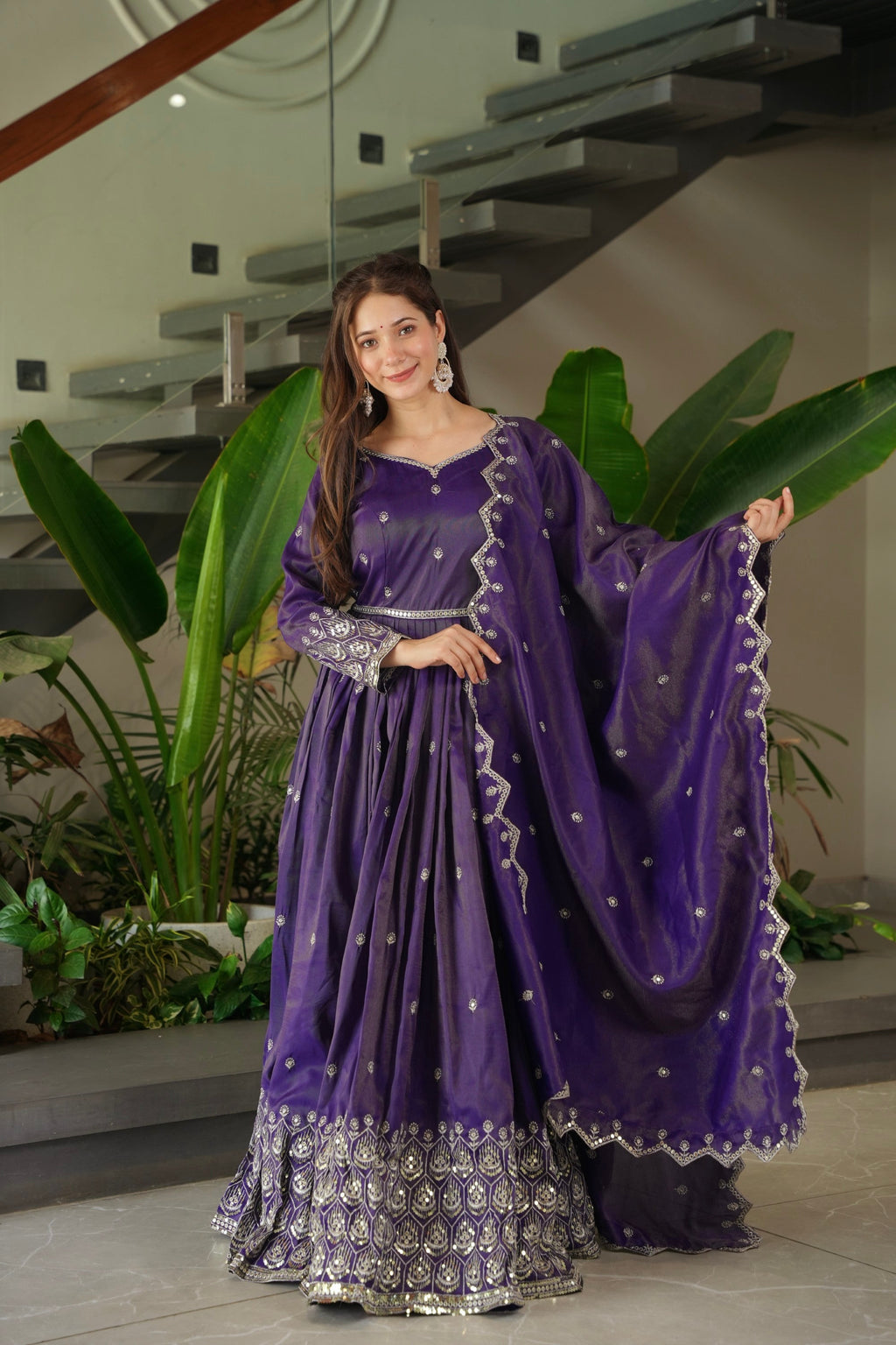 Lorenvalley Fashion Purple Shimmer Silk with Embroidery Sequins Work Anarkali Gown with Dupatta