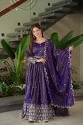 Lorenvalley Fashion Purple Shimmer Silk with Embroidery Sequins Work Anarkali Gown with Dupatta
