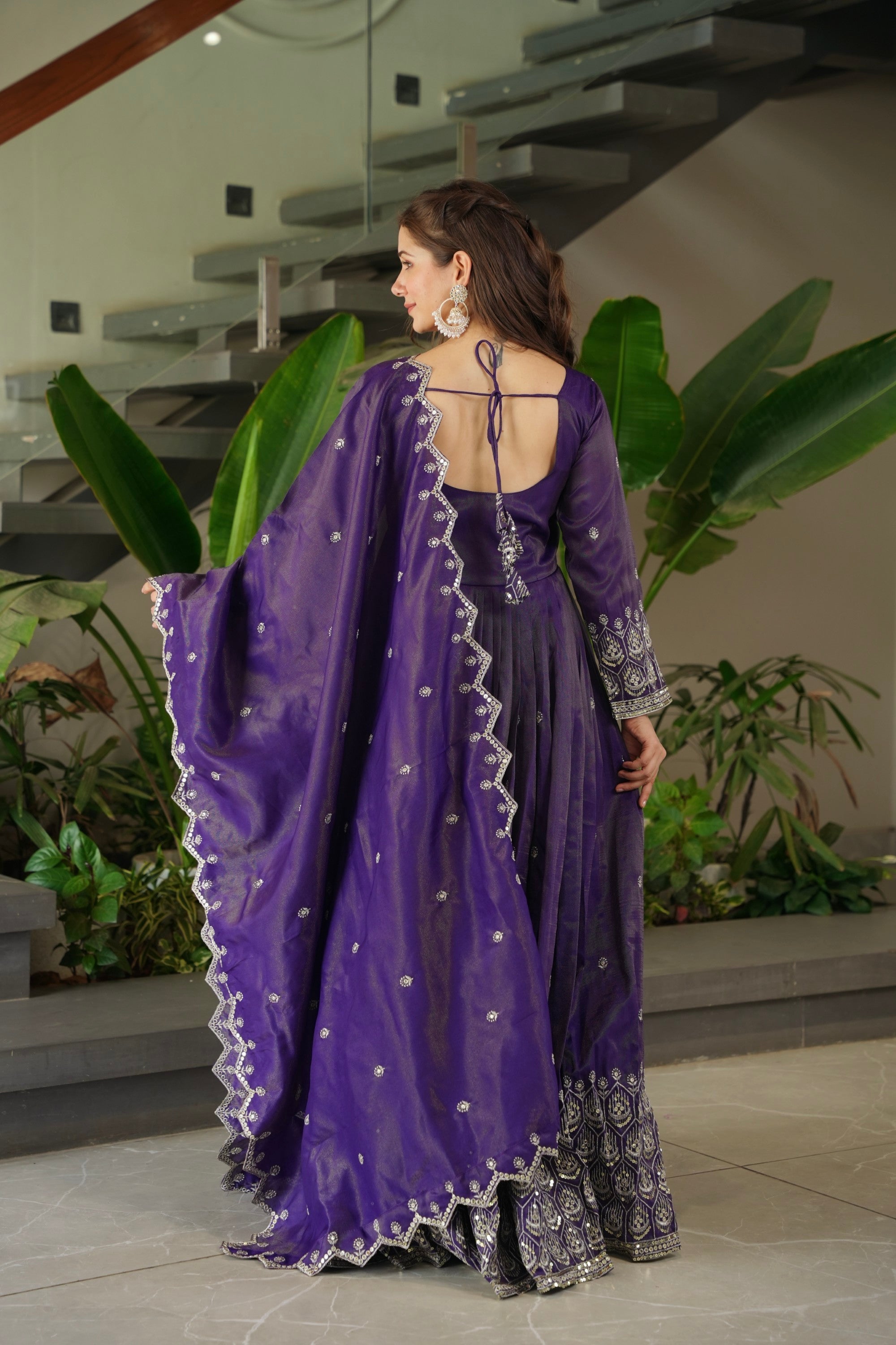 Lorenvalley Fashion Purple Shimmer Silk with Embroidery Sequins Work Anarkali Gown with Dupatta