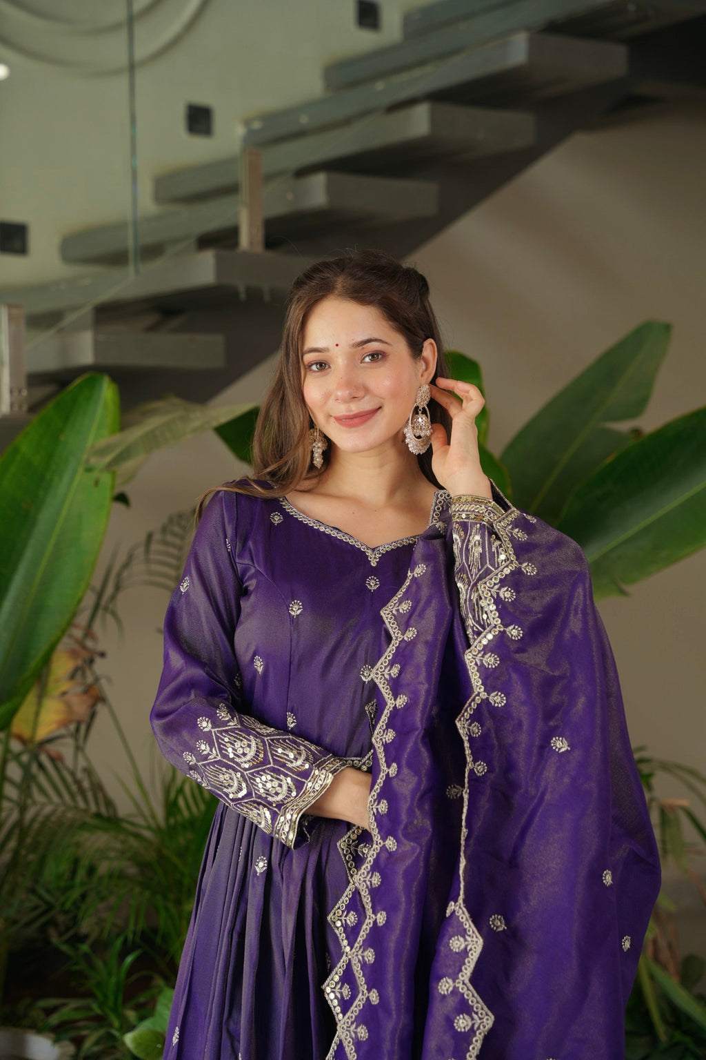 Lorenvalley Fashion Purple Shimmer Silk with Embroidery Sequins Work Anarkali Gown with Dupatta