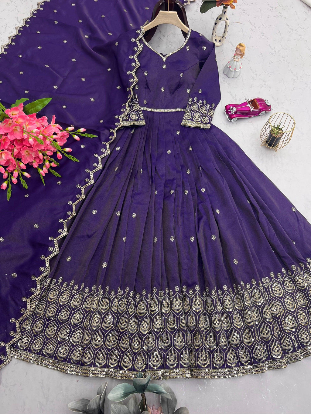 Lorenvalley Fashion Purple Shimmer Silk with Embroidery Sequins Work Anarkali Gown with Dupatta