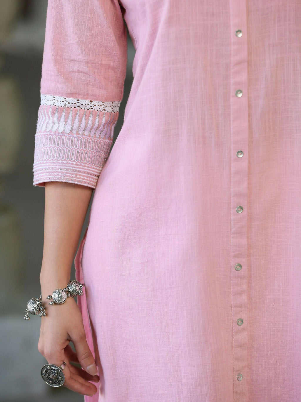 Juniper Women's Pink Cotton Slub Embroidered Straight Kurta
