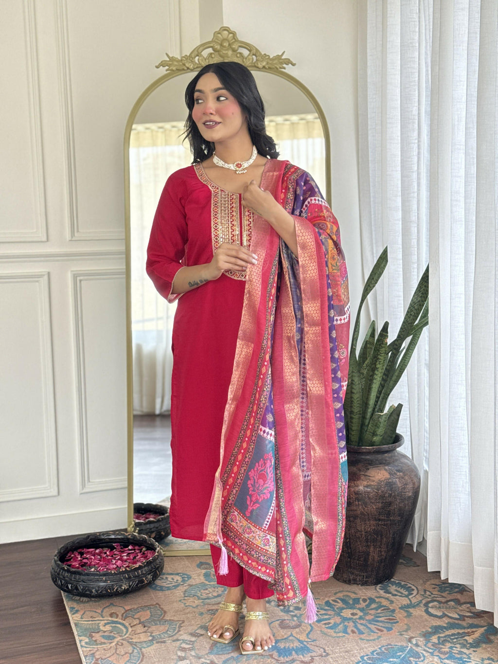 The52 Rani Gorgeous Embroidered Chanderi Silk Fabric Straight Kurta Pant with Dupatta Set