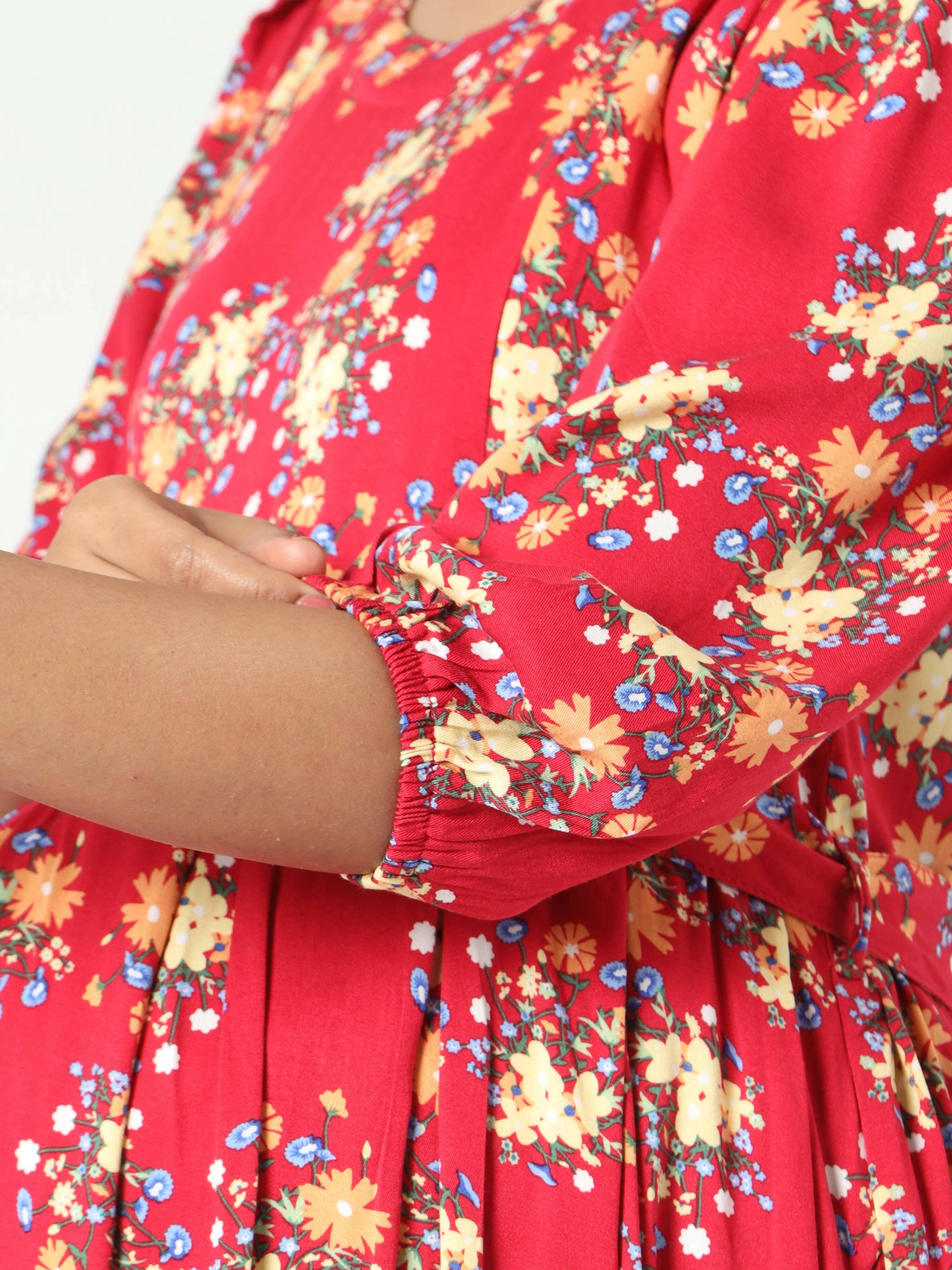 Manet Three Fourth Maternity Dress Floral Print With Concealed Zipper Nursing Access - Red