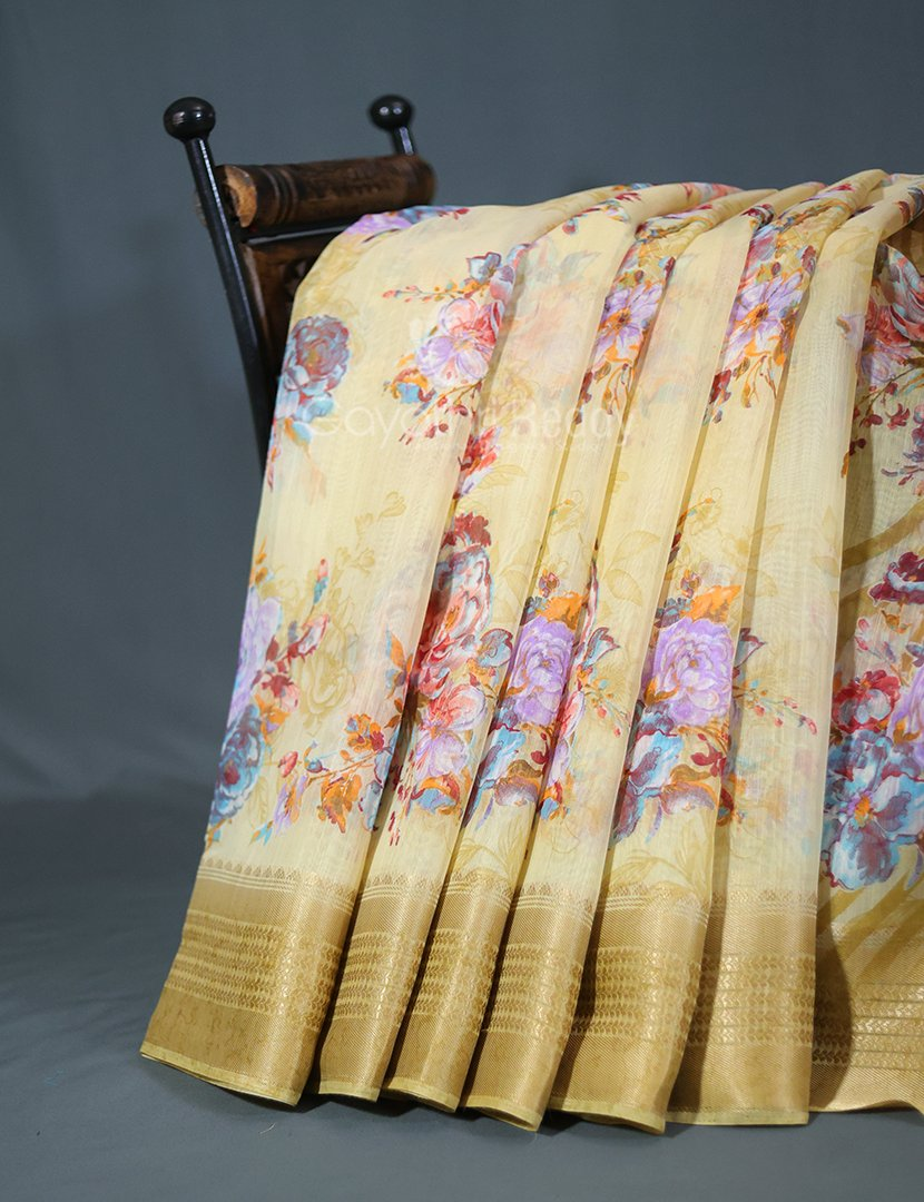 Shades of Light Khaki With Floral Print Semi Chanderi Saree By Gayathri Reddy Designer Studio