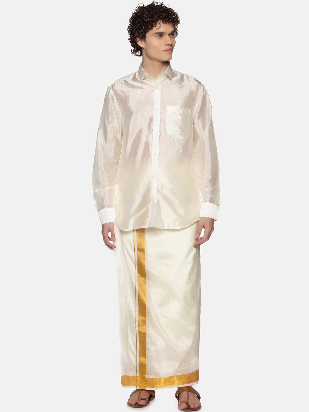 Sethukrishna Men Cream-Colored & Golden Solid Veshti
