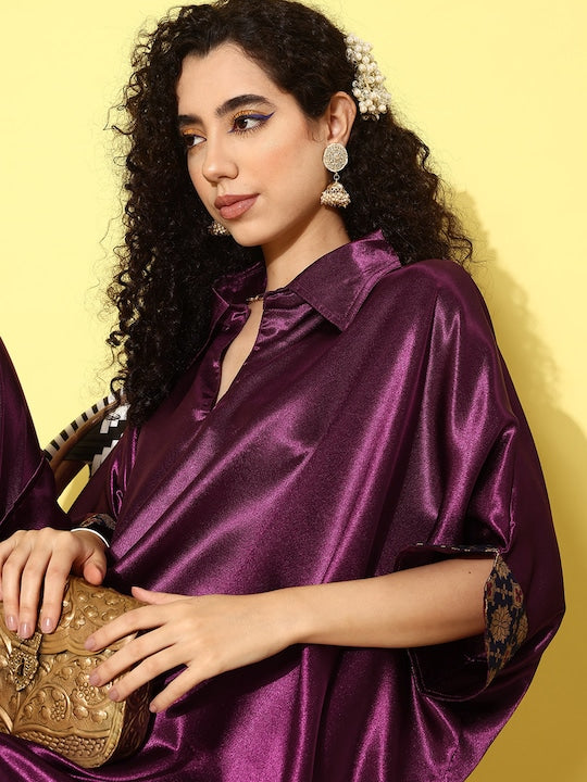 InWeave Women's Wine Navy Brocade Satin Boho Kurta Palazzo Set