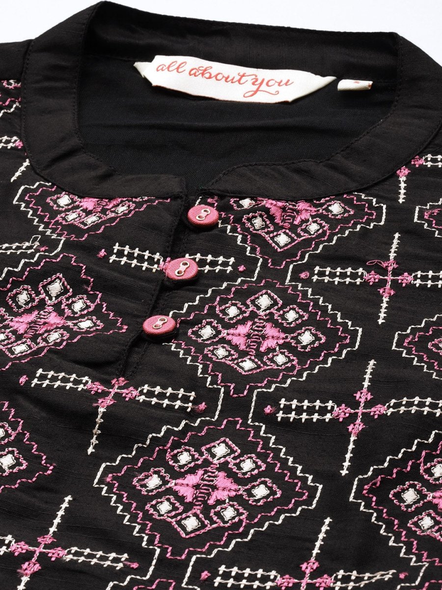 All About You Women Black Embroidered Kurta with Trousers