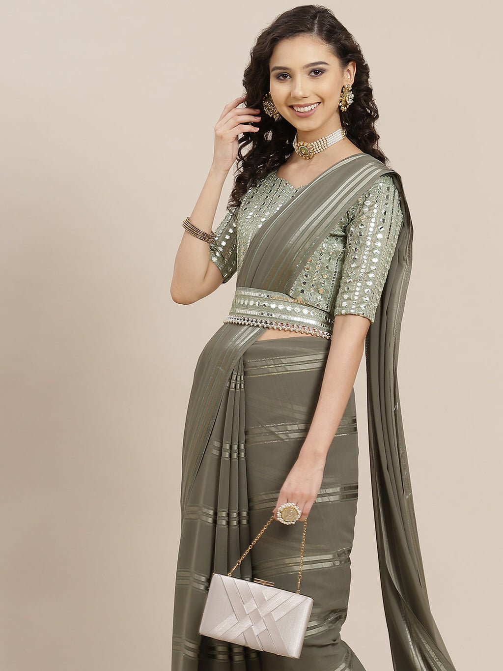 Saree Mall Taupe Striped Leheriya Saree With Belt