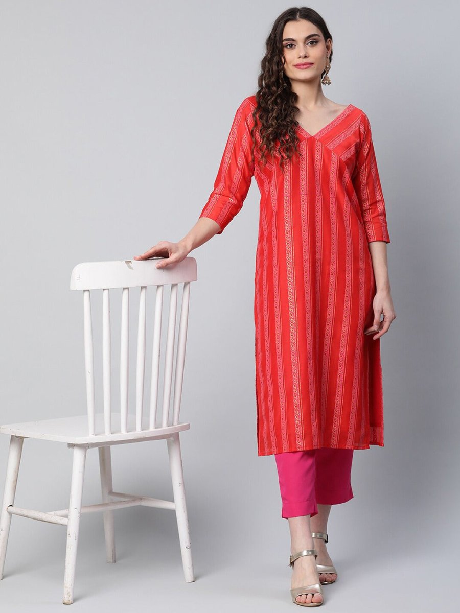 Ahalyaa Women Red Striped Kurta with Trousers