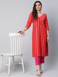 Ahalyaa Women Red Striped Kurta with Trousers