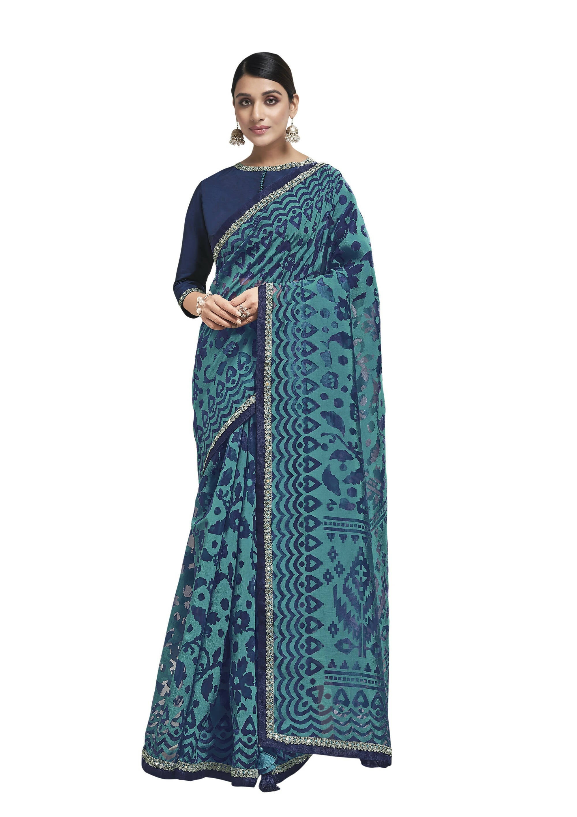 Blue Organza Weave Floral & Geomertic Saree With Blouse Piece - Norita Avyaan