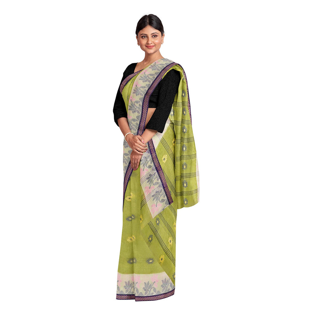 Exclusive Collection 100% Pure Cotton Light Green Tant Saree With Hand Weaving Work
