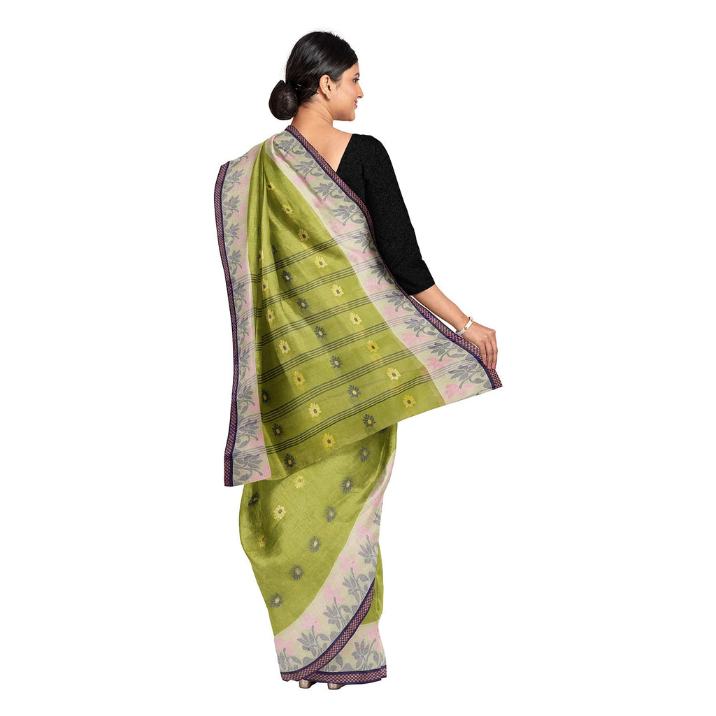 Exclusive Collection 100% Pure Cotton Light Green Tant Saree With Hand Weaving Work