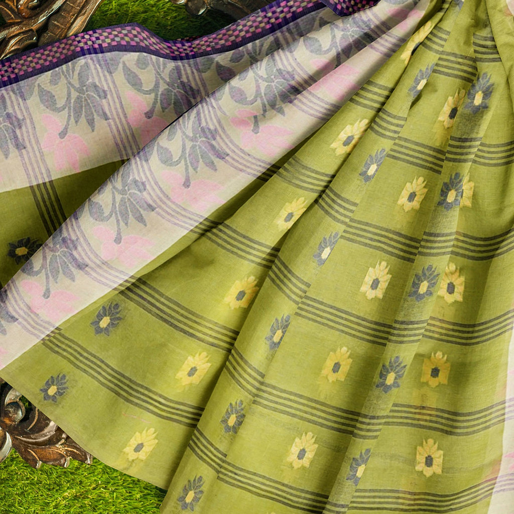 Exclusive Collection 100% Pure Cotton Light Green Tant Saree With Hand Weaving Work