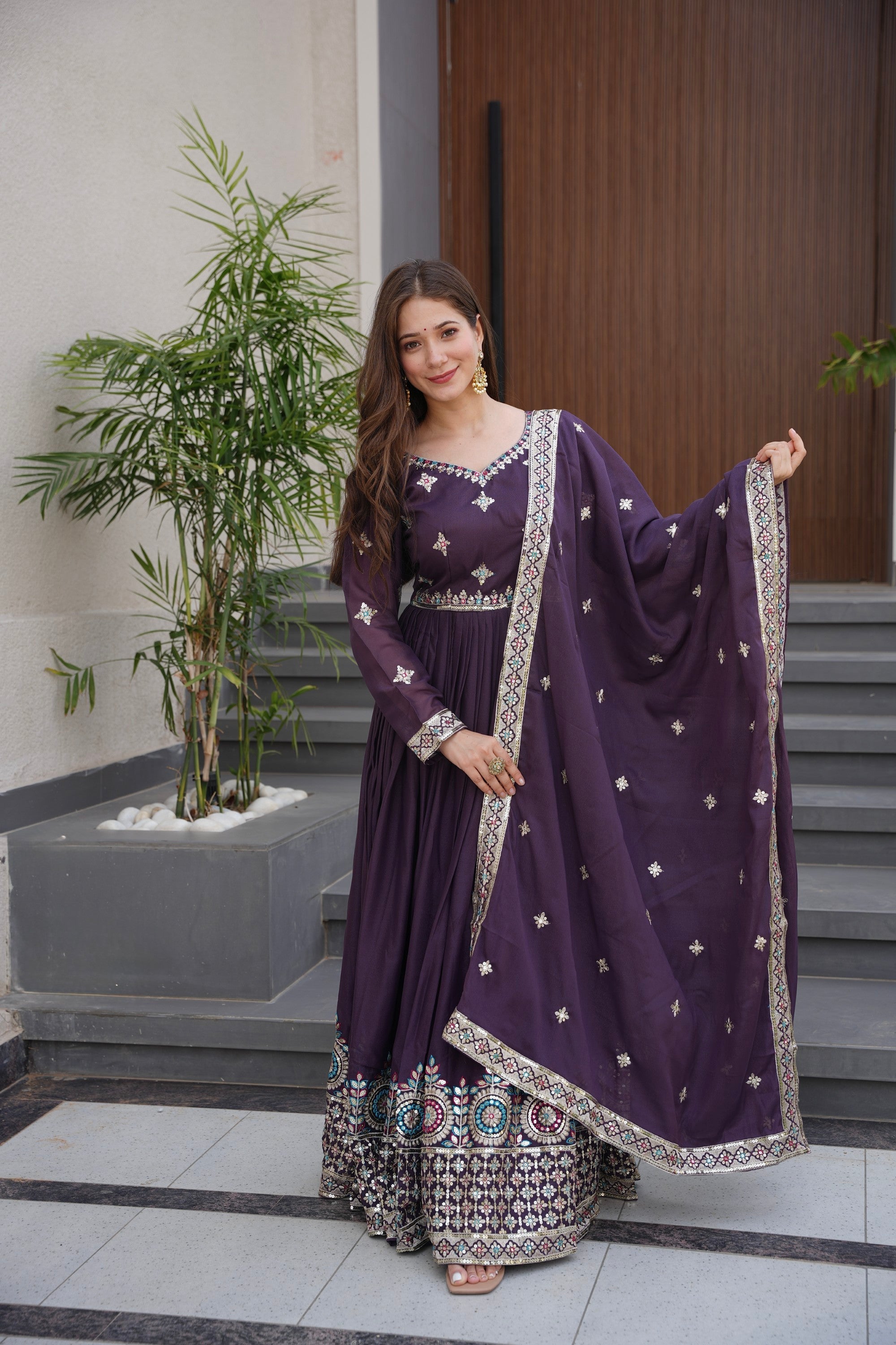 Lorenvalley Fashion Wine Diamond Silk with Embroidery Threads & Sequins Work Anarkali Gown with Dupatta