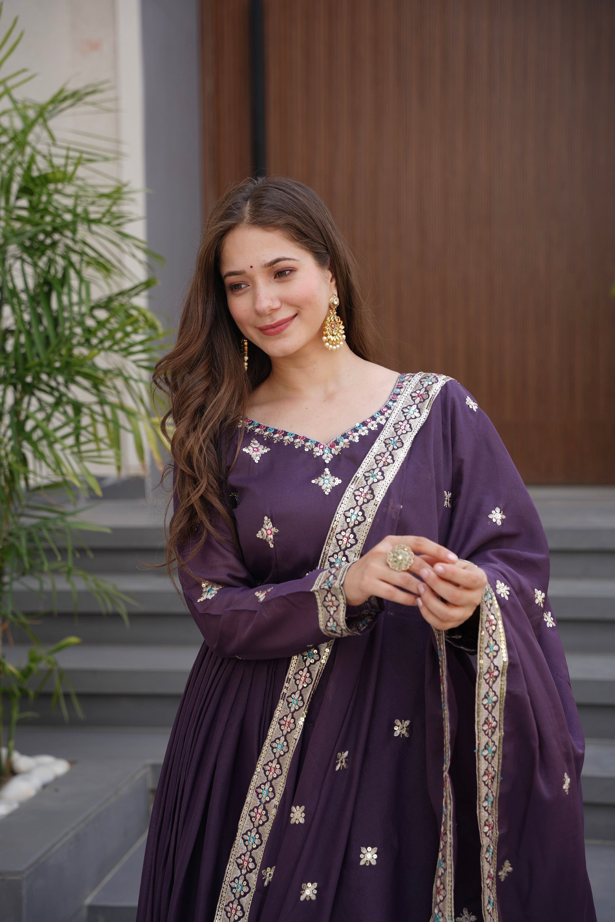 Lorenvalley Fashion Wine Diamond Silk with Embroidery Threads & Sequins Work Anarkali Gown with Dupatta