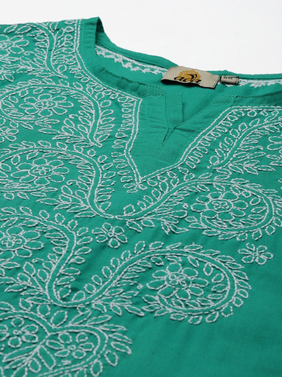 ADA Women Green & White Ethnic Motifs Hand Embroidered Chikankari Handloom Kurta