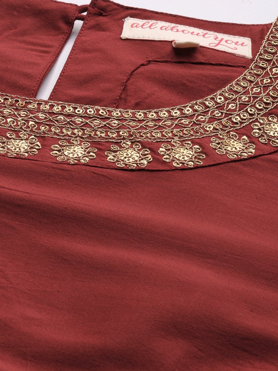 All About You Women Maroon & Golden Satin Finish Kurta with Trousers & With Dupatta