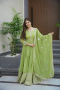 Lorenvalley Fashion Parrot Green Crunchy Silk with Embroidery Codding & Sequins Work Anarkali Gown with Dupatta