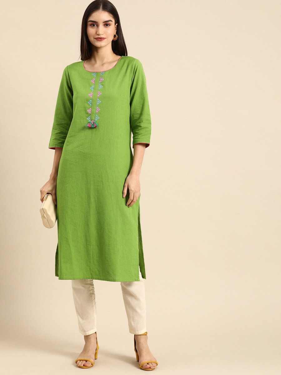 All About You Women Green & Pink Ethnic Motifs Yoke Design Thread Work Pure Cotton Kurta