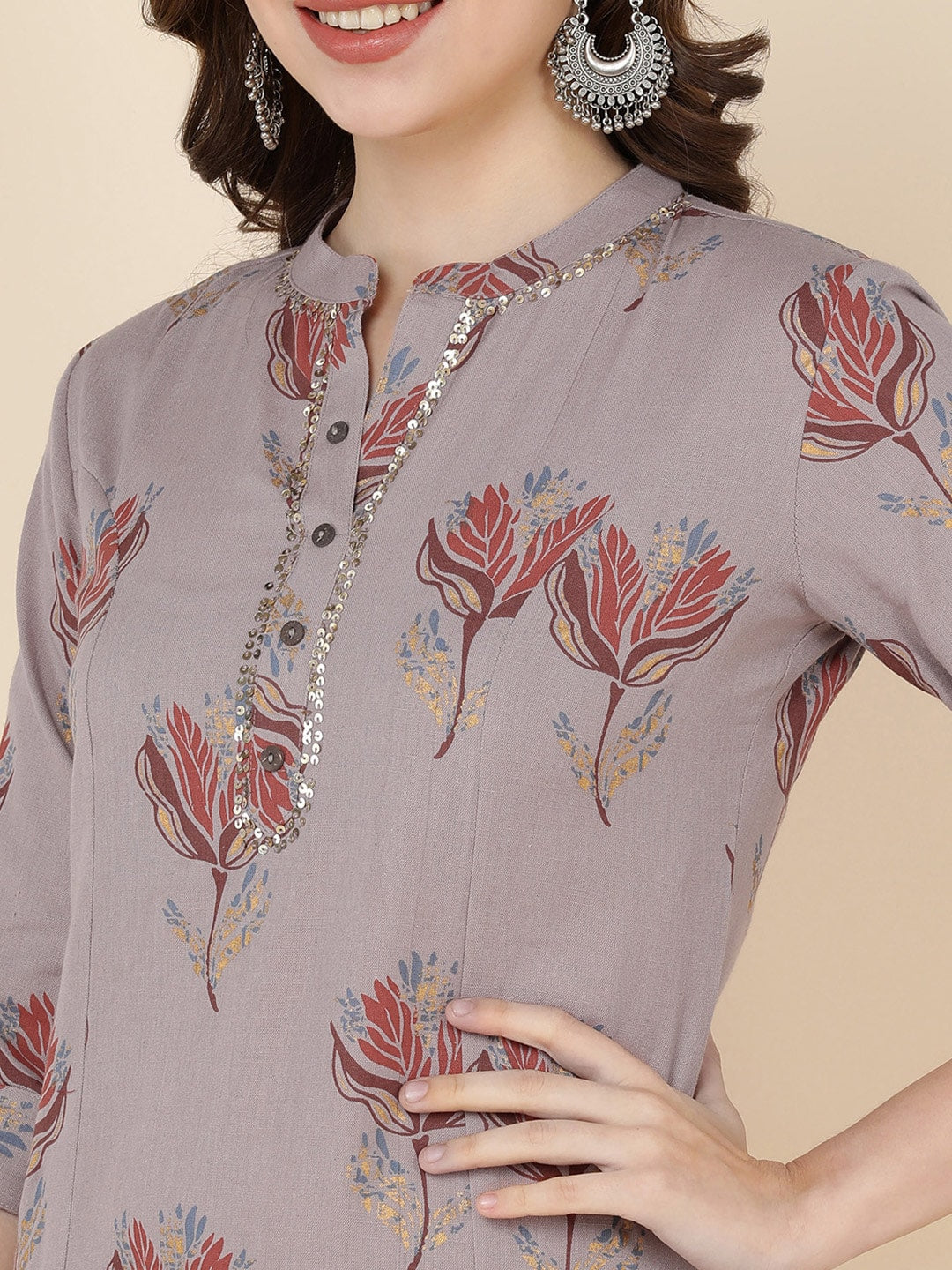 HERE&NOW Women Coffee Brown Floral Embroidered Straight Kurta With Trousers
