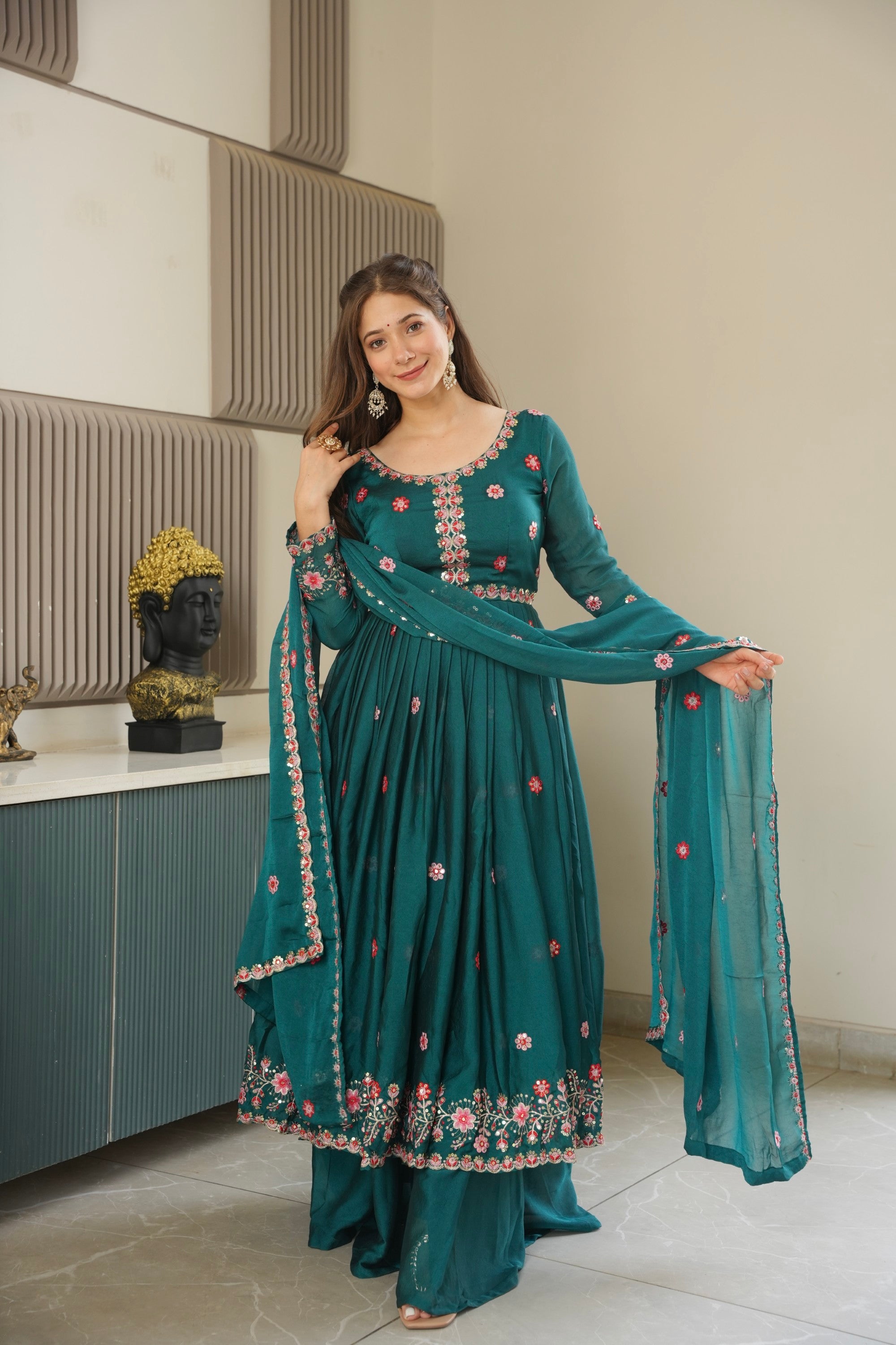 Lorenvalley Fashion Rama Noha Crush Silk with Embroidery Threads & Sequins Work Anarkali Sharara with Dupatta