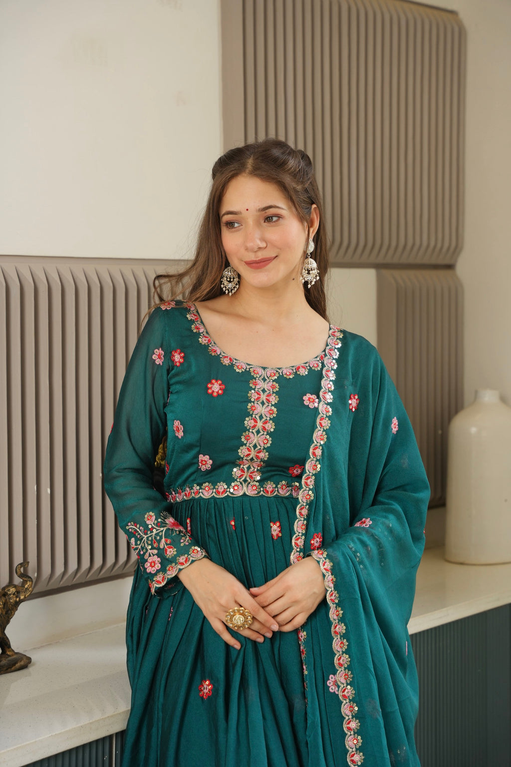 Lorenvalley Fashion Rama Noha Crush Silk with Embroidery Threads & Sequins Work Anarkali Sharara with Dupatta