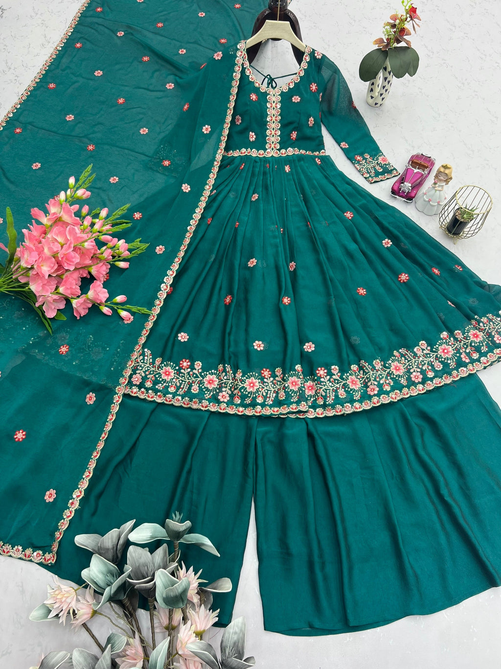 Lorenvalley Fashion Rama Noha Crush Silk with Embroidery Threads & Sequins Work Anarkali Sharara with Dupatta