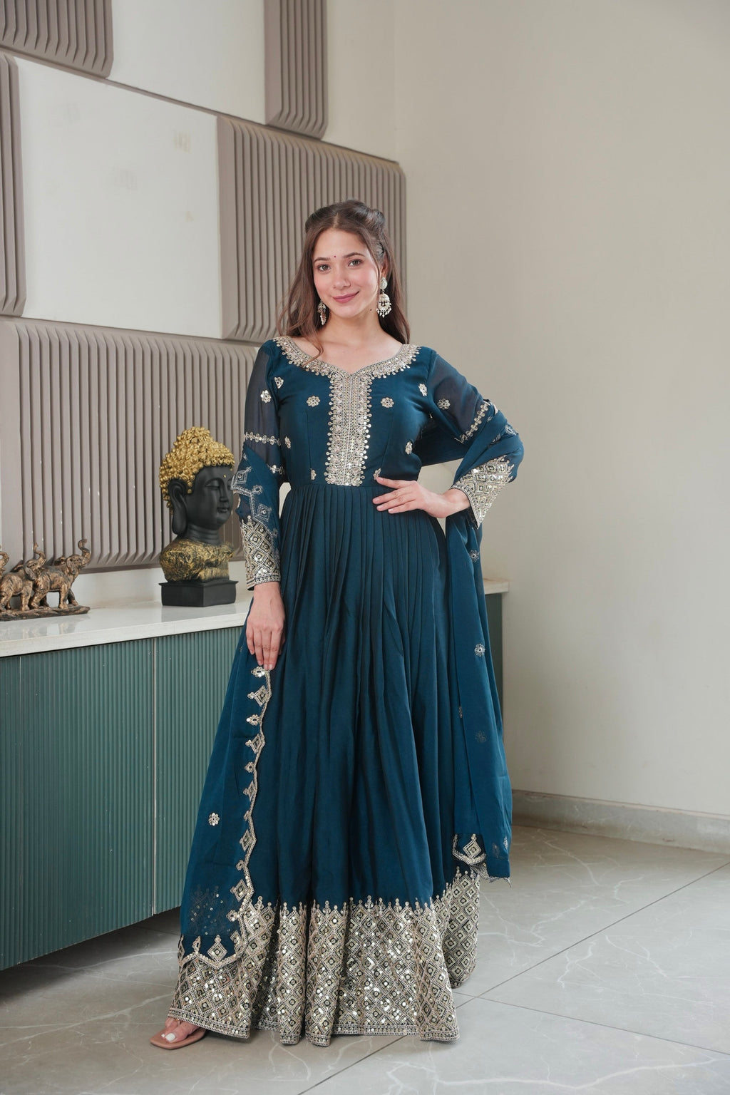 Lorenvalley Fashion Rama Noha Crush Silk with Embroidery Threads & Sequins Work Anarkali Gown with Dupatta