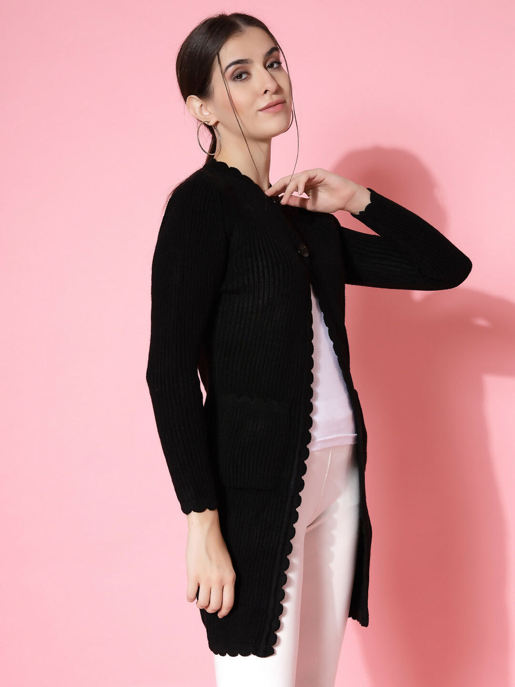 Women Self Design Long Black Acrylic Winter Shrug - Wool Trees
