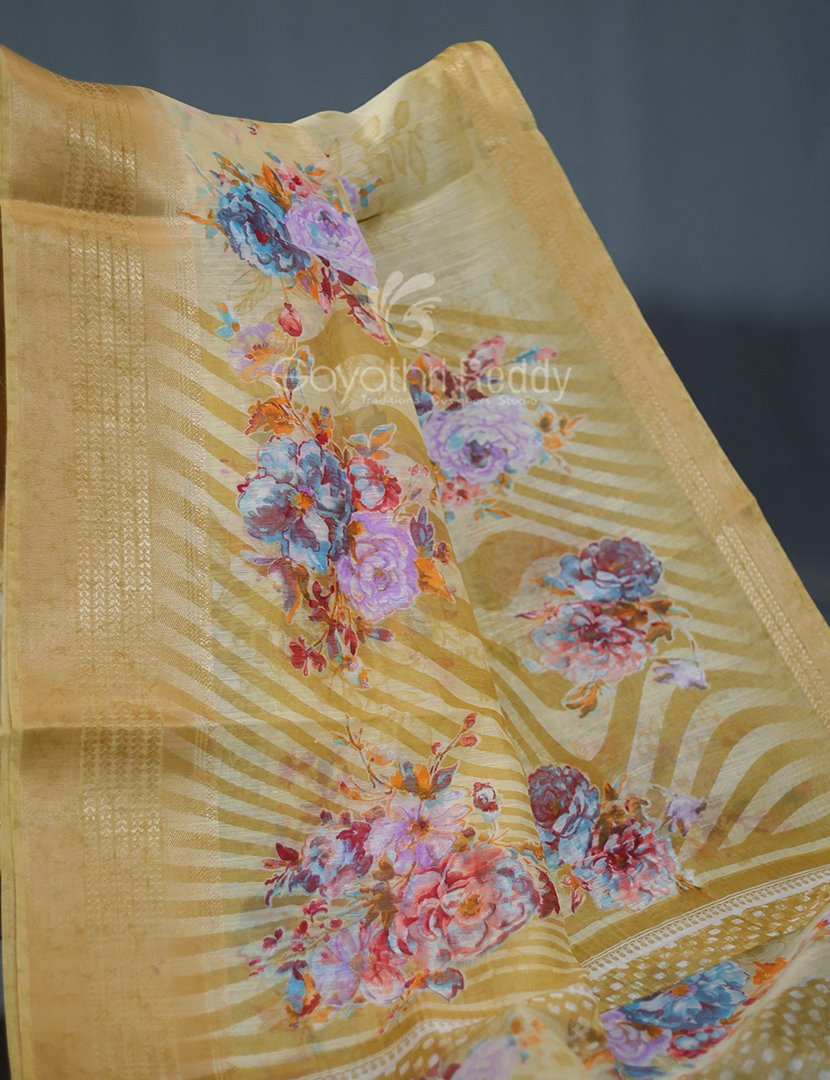 Shades of Light Khaki With Floral Print Semi Chanderi Saree By Gayathri Reddy Designer Studio
