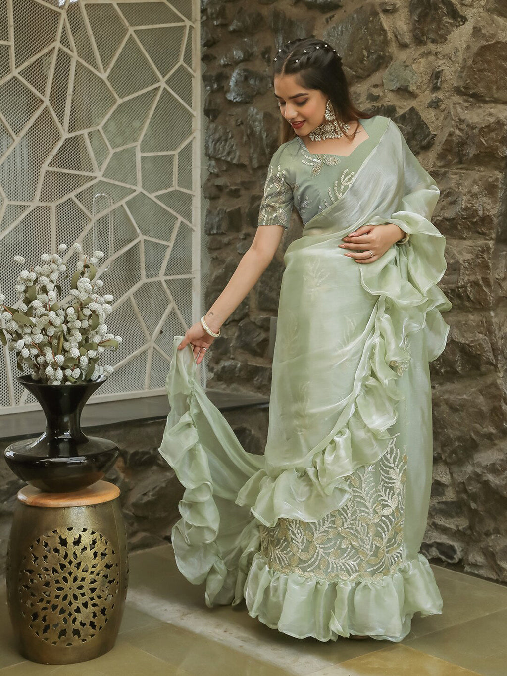 Tikhi Imli Embellished Sequinned Ruffled Ready to Wear Satin Saree