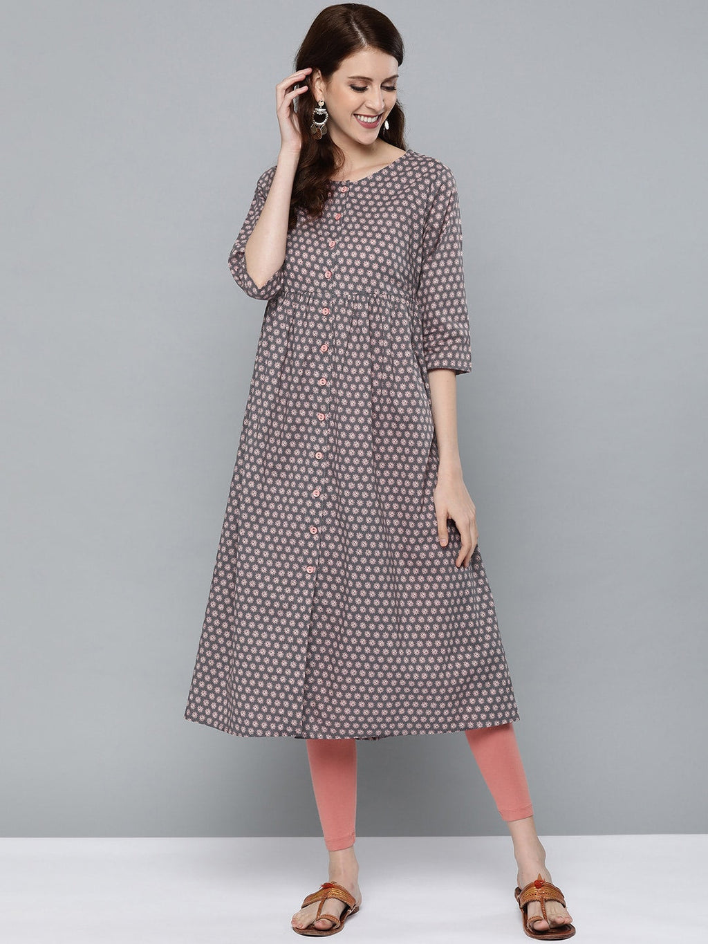 HERE&NOW Women Grey & Pink Floral Print Empire A-Line Kurta