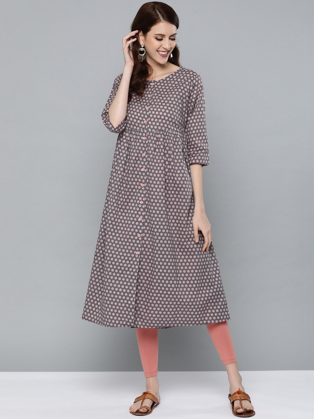 HERE&NOW Women Grey & Pink Floral Print Empire A-Line Kurta