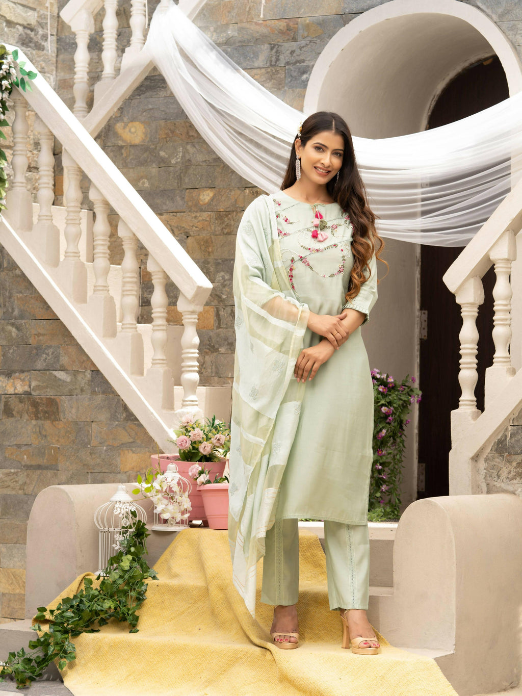Pista Roman Silk Plain Kurta with Pant & Dupatta - Disha