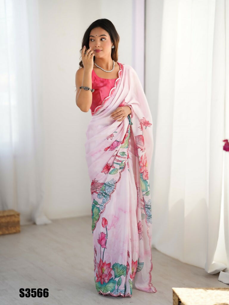 Off White Chinon Designer Digital Printed,Mirror Cut Work Saree - Manvika