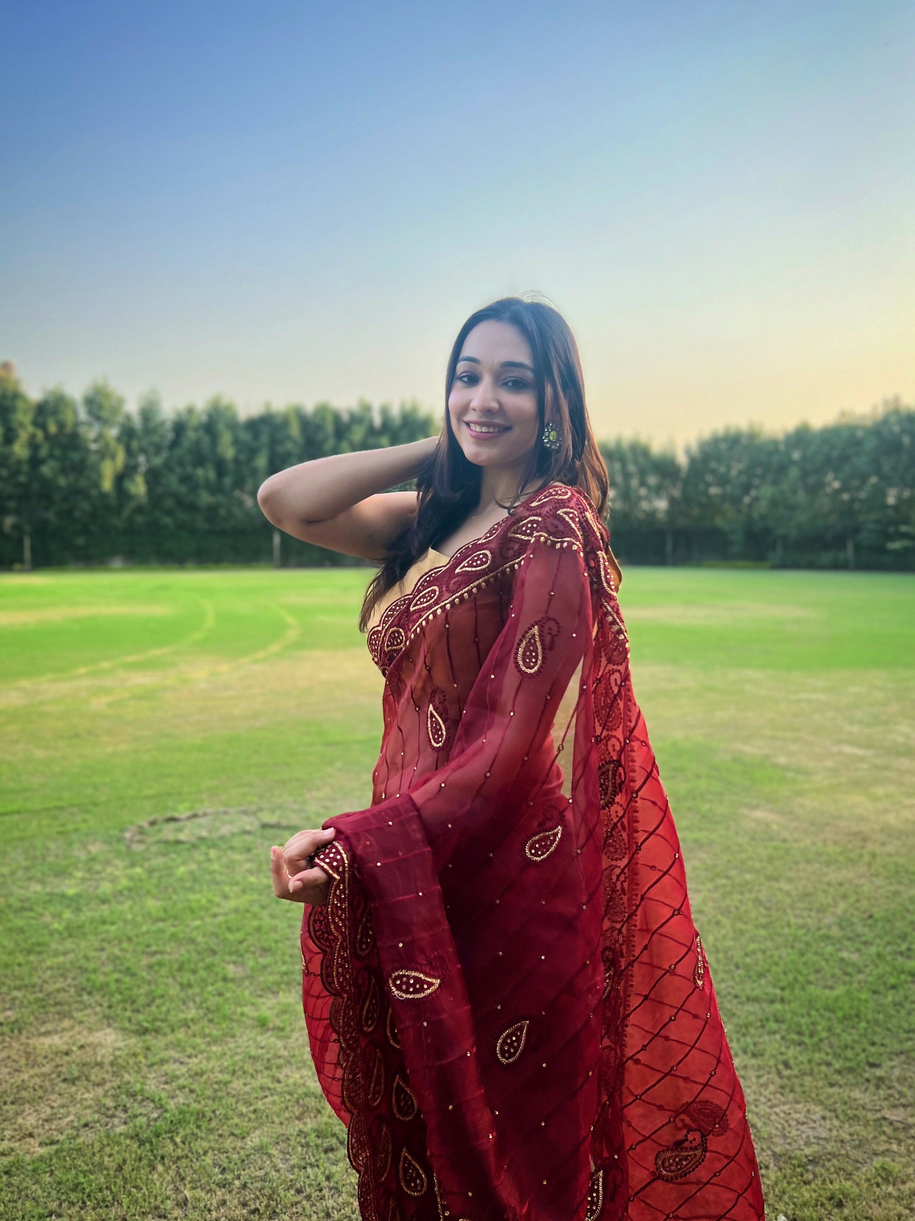 Vamsee Aaisa Maroon Organza Saree