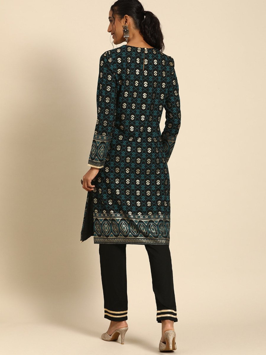 All About You Women Black & Gold-Toned Floral Printed Regular Kurta with Trousers