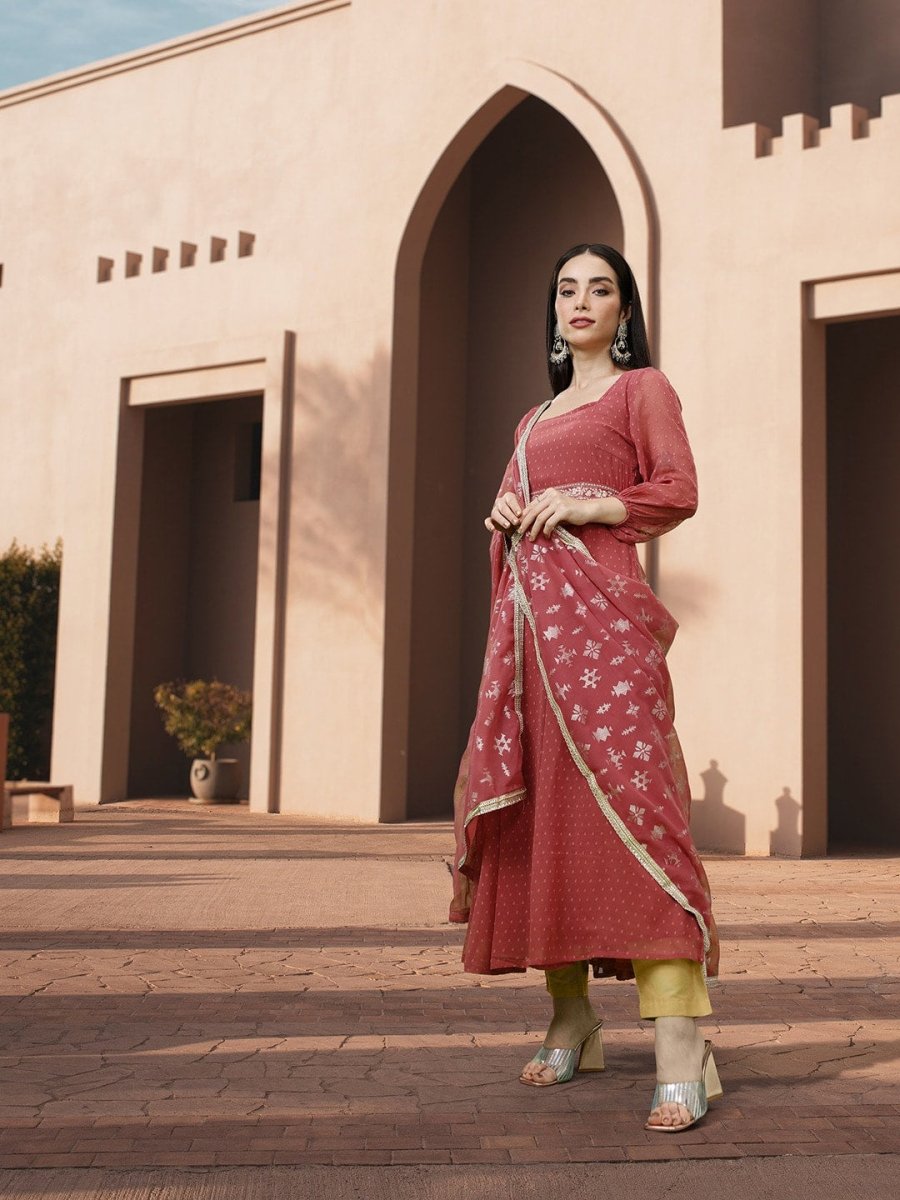 All About You Square Neck Dobby Weave A-Line Kurta With Dupatta