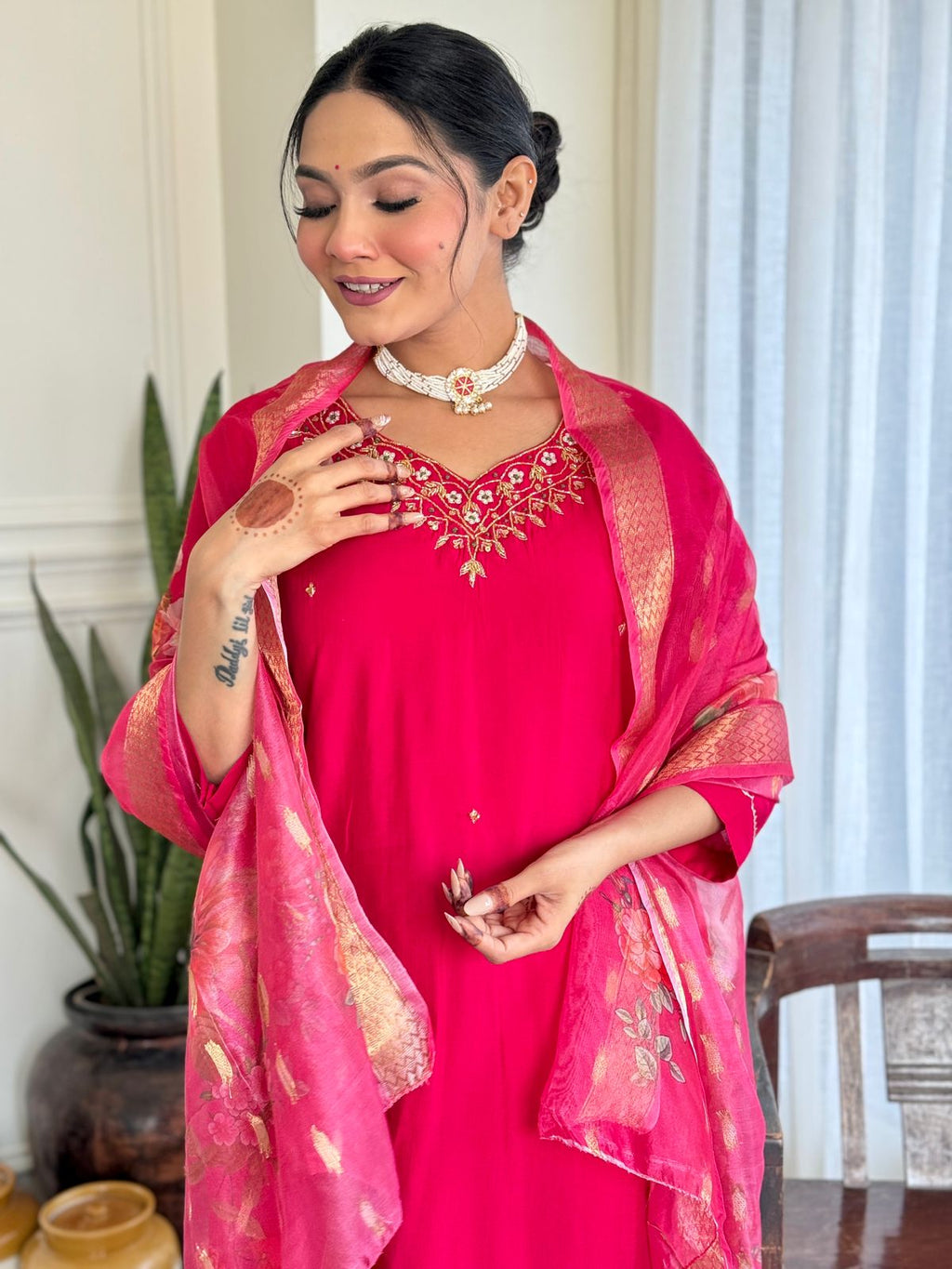 The52 Women's Beautiful Viscose Embroidery work Straight Kurta with Pant and Dupatta Set
