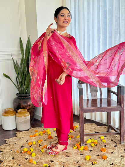The52 Women's Beautiful Viscose Embroidery work Straight Kurta with Pant and Dupatta Set