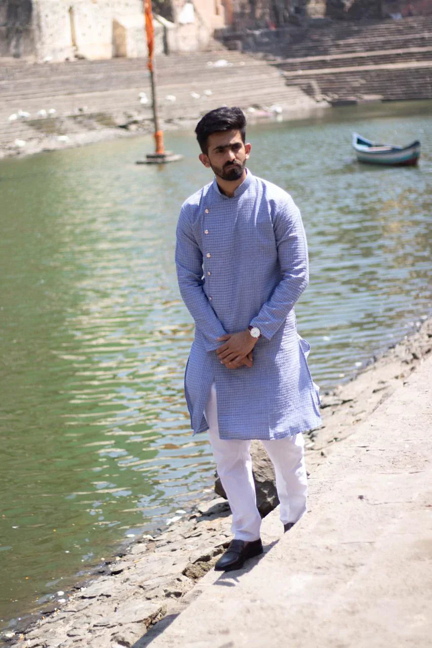 Jompers Men's Steel Blue Self Design Kurta with Pajama
