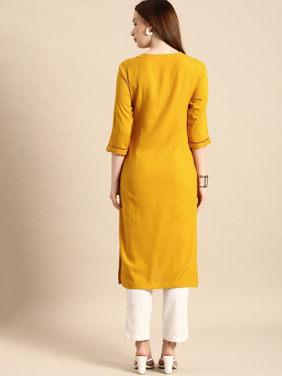 All About You Women Mustard Yellow Ethnic Motifs Yoke Design Keyhole Neck Straight Kurta