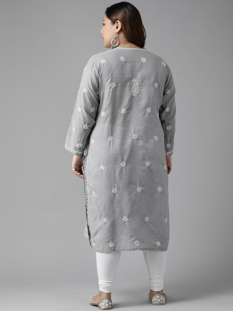 ADA Women Plus Size Grey Floral Embroidered Chikankari Kurta