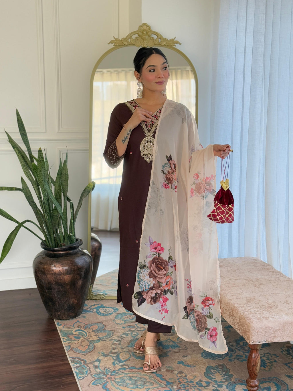 The52 Women's Rayon Slub Embroidery work Straight Kurta with Pant and Dupatta Set