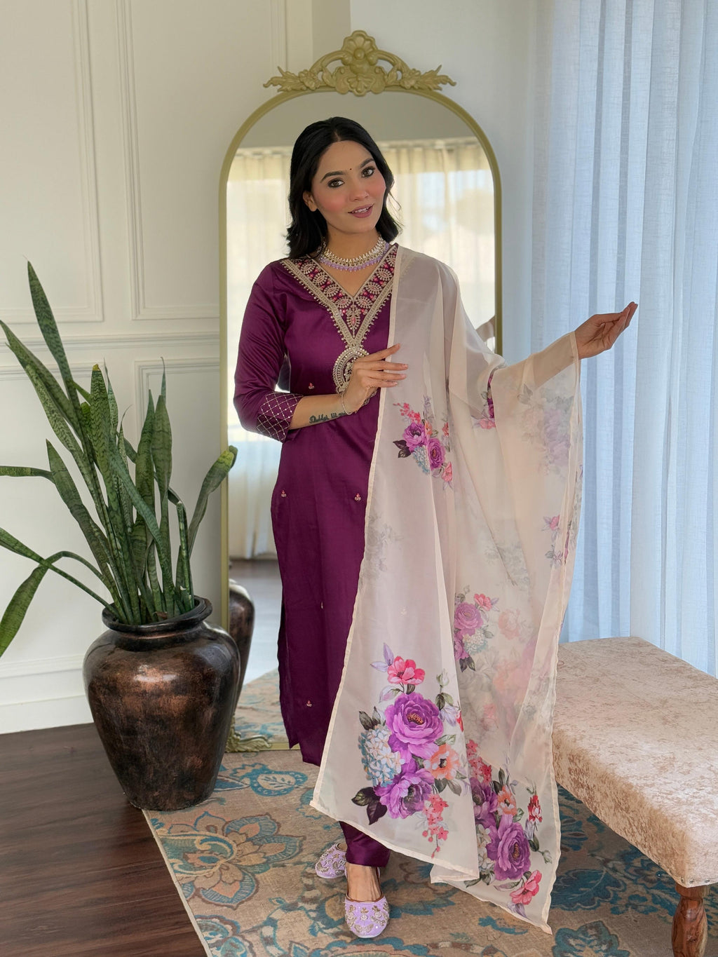 The52 Women's Rayon Slub Embroidery work Straight Kurta with Pant and Dupatta Set