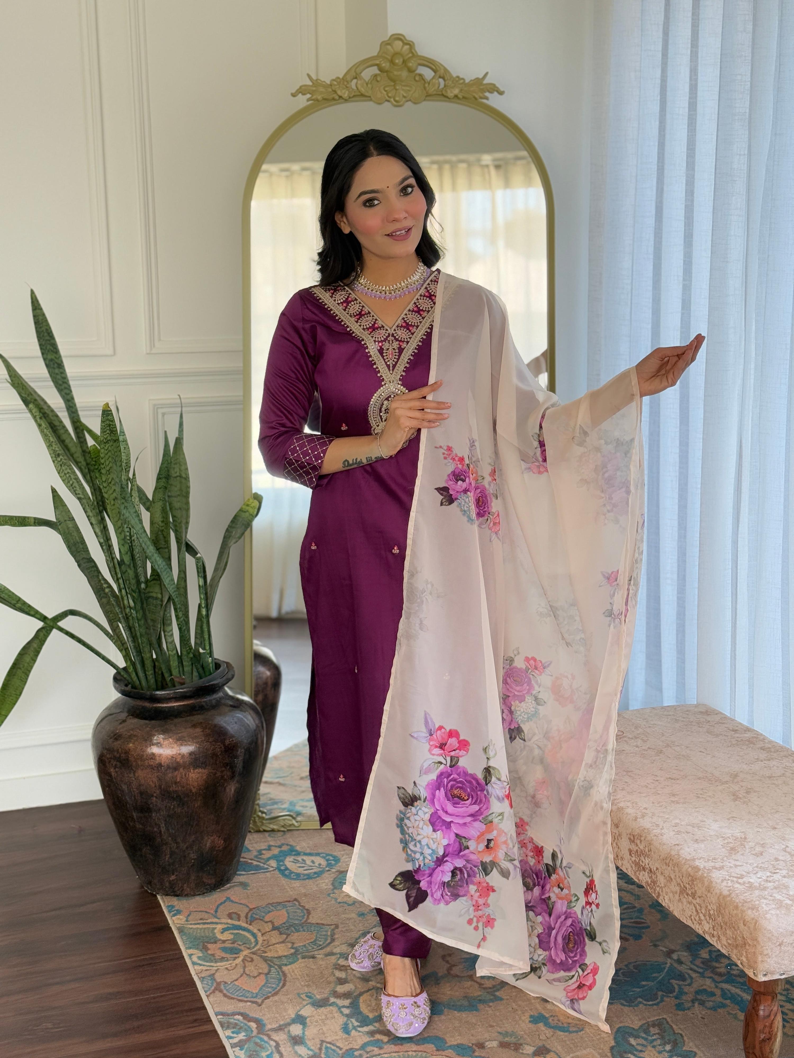 The52 Women's Rayon Slub Embroidery work Straight Kurta with Pant and Dupatta Set